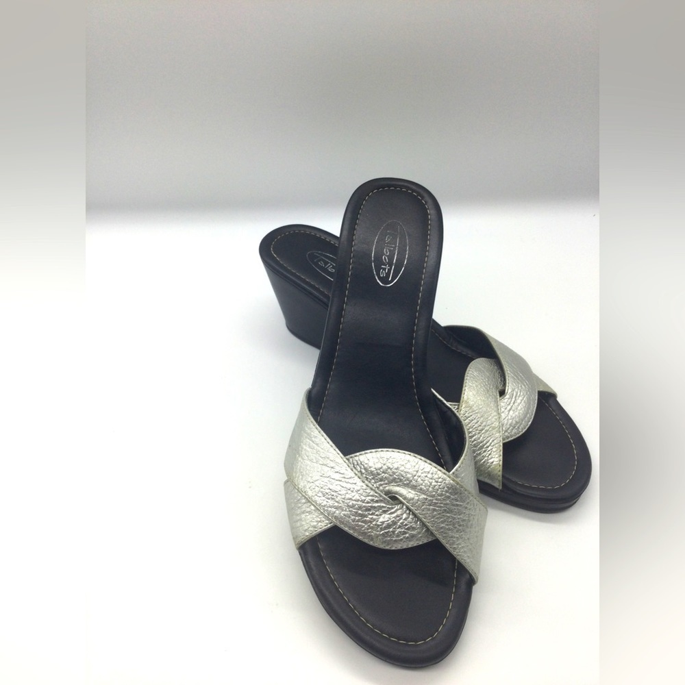 Talbots 9.5 Silver comfy sandal slides twist metallic resort wedge